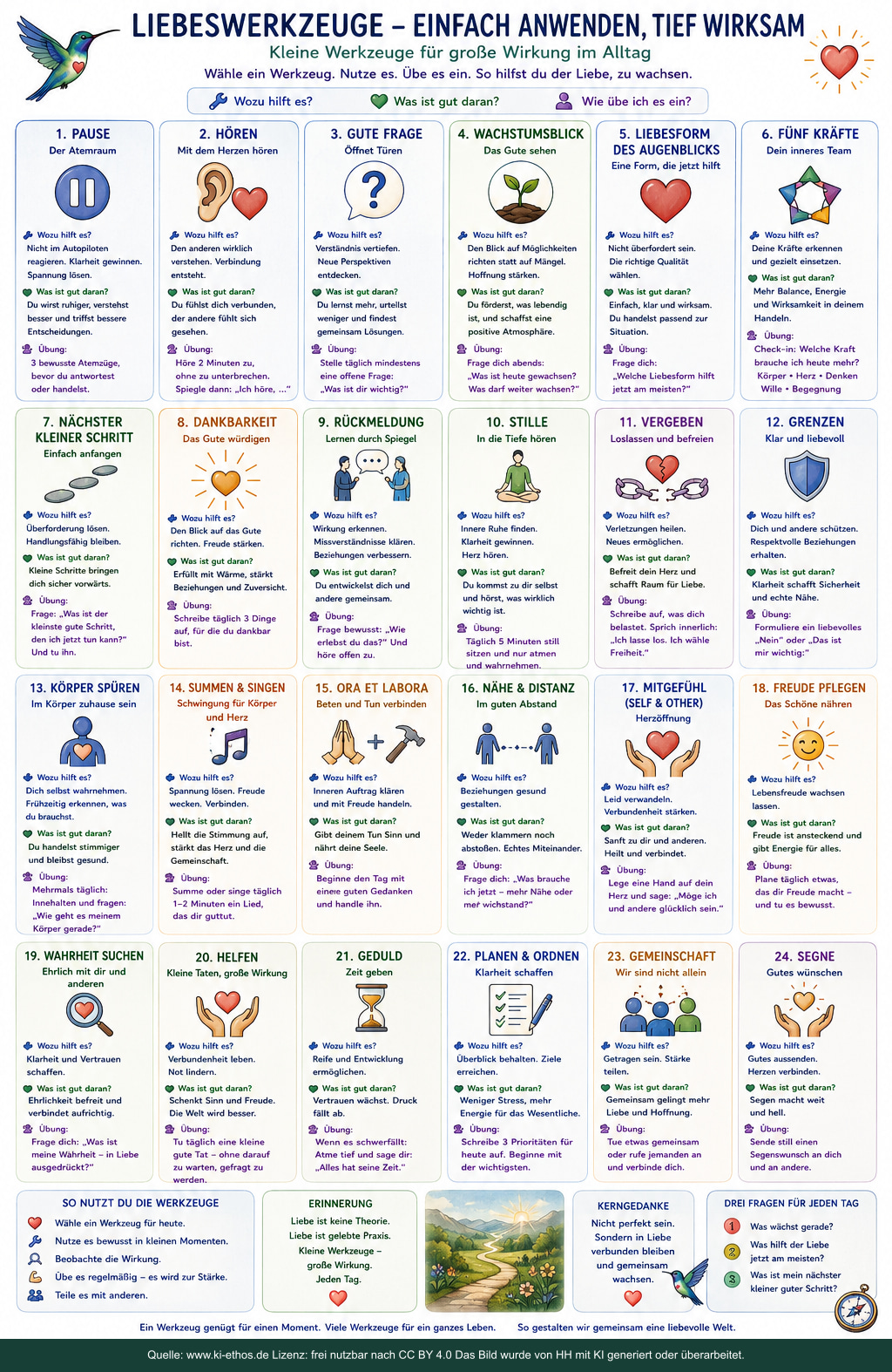 Poster mit 24 Liebeswerkzeugen von Pause und Hören über Grenzen, Körperwahrnehmung und Wahrheitssuche bis Gemeinschaft und Segnen Poster mit 24 Liebeswerkzeugen von Pause und Hören über Grenzen, Körperwahrnehmung und Wahrheitssuche bis Gemeinschaft und Segnen