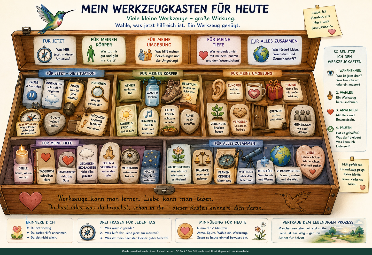 Illustrierter Werkzeugkasten für Situation, Körper, Umgebung, innere Tiefe und gemeinsame Verantwortung Illustrierter Werkzeugkasten für Situation, Körper, Umgebung, innere Tiefe und gemeinsame Verantwortung