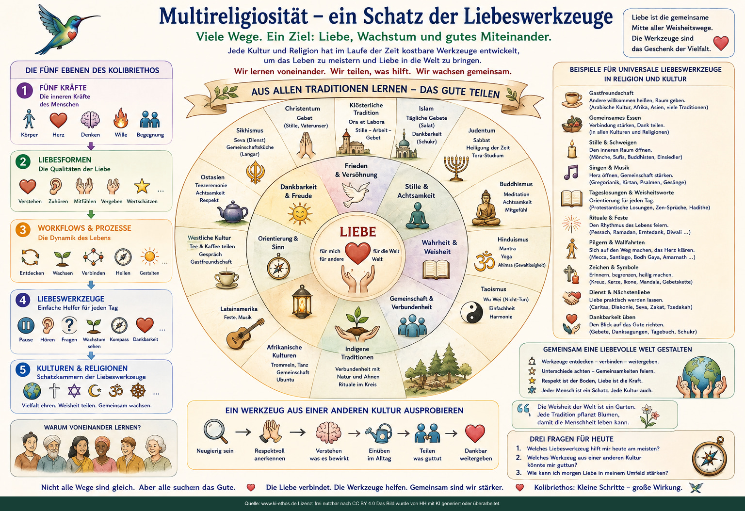 Kreisförmige Multireligiositätsgrafik mit verschiedenen Traditionen, gemeinsamen Anliegen und einem Lernweg vom Entdecken bis zum Weitergeben Kreisförmige Multireligiositätsgrafik mit verschiedenen Traditionen, gemeinsamen Anliegen und einem Lernweg vom Entdecken bis zum Weitergeben