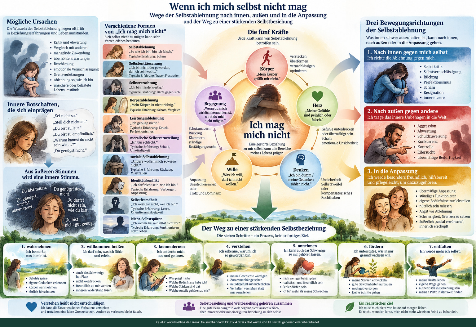 Textreiche Infografik über mögliche Ursprünge und Formen von Selbstablehnung, die fünf Kräfte, drei Bewegungsrichtungen sowie sieben Schritte zu einer stärkenden Selbstbeziehung Textreiche Infografik über mögliche Ursprünge und Formen von Selbstablehnung, die fünf Kräfte, drei Bewegungsrichtungen sowie sieben Schritte zu einer stärkenden Selbstbeziehung