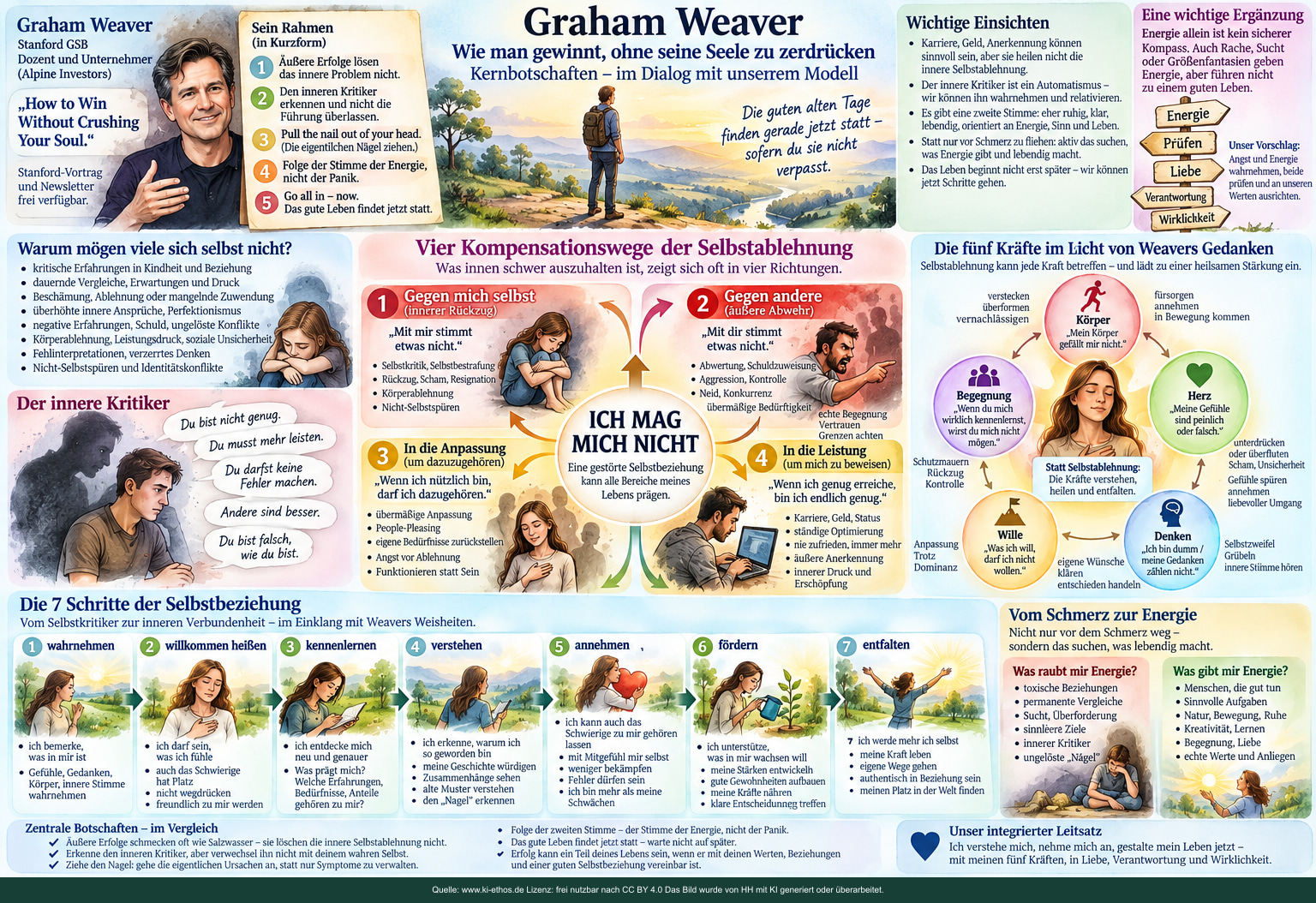 Textreiche Infografik mit Graham Weaver, vier möglichen Kompensationswegen der Selbstablehnung, den fünf Kräften, sieben Schritten und einem Prüfkompass aus Liebe, Verantwortung und Wirklichkeit Textreiche Infografik mit Graham Weaver, vier möglichen Kompensationswegen der Selbstablehnung, den fünf Kräften, sieben Schritten und einem Prüfkompass aus Liebe, Verantwortung und Wirklichkeit