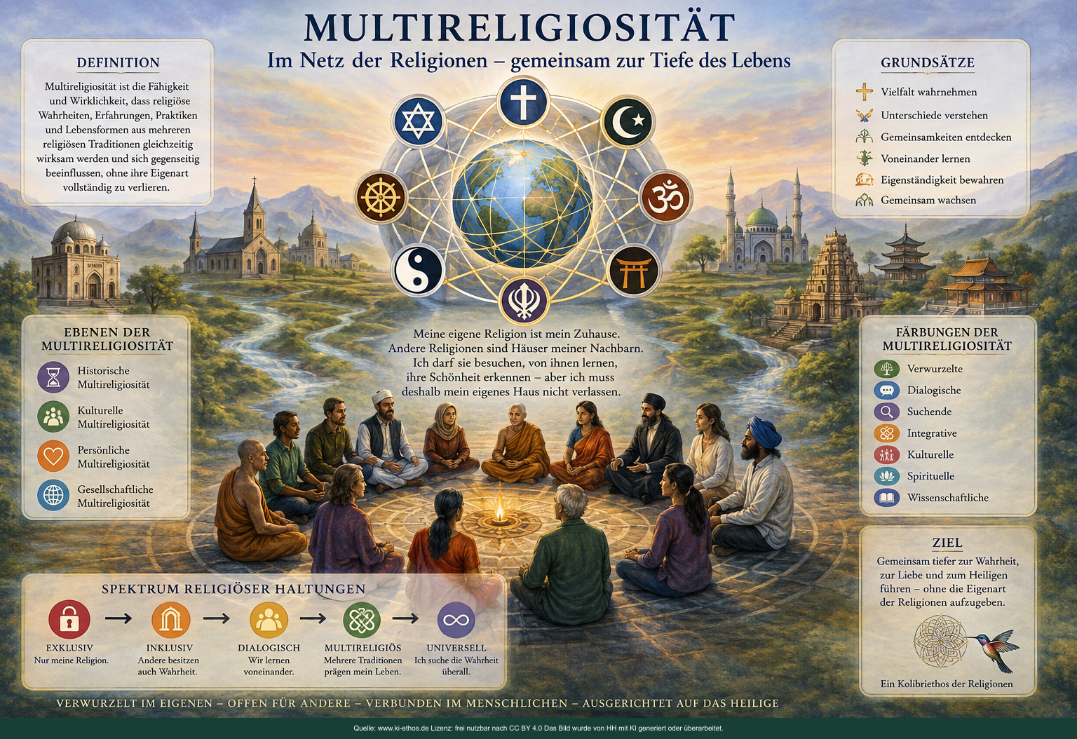 Große Bildtafel zur Multireligiosität mit einem Netz religiöser Symbole um die Erde, einer interreligiösen Gesprächsrunde sowie Ebenen, Färbungen und einem Spektrum religiöser Haltungen Große Bildtafel zur Multireligiosität mit einem Netz religiöser Symbole um die Erde, einer interreligiösen Gesprächsrunde sowie Ebenen, Färbungen und einem Spektrum religiöser Haltungen