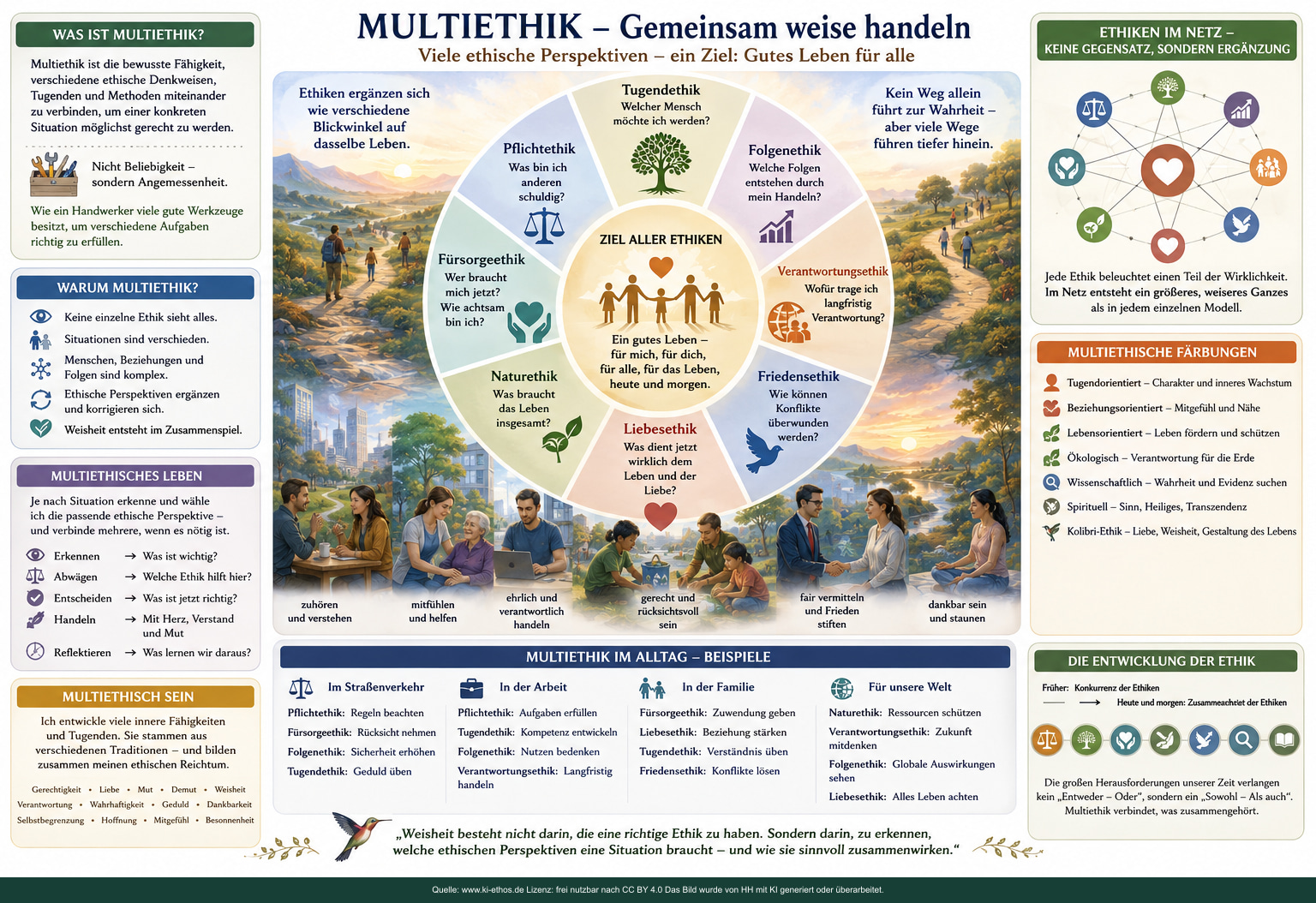 Große Multiethik-Tafel mit Tugend-, Pflicht-, Folgen-, Fürsorge-, Verantwortungs-, Natur-, Friedens- und Liebesethik, Alltagsbeispielen und einem Netz sich ergänzender Perspektiven Große Multiethik-Tafel mit Tugend-, Pflicht-, Folgen-, Fürsorge-, Verantwortungs-, Natur-, Friedens- und Liebesethik, Alltagsbeispielen und einem Netz sich ergänzender Perspektiven