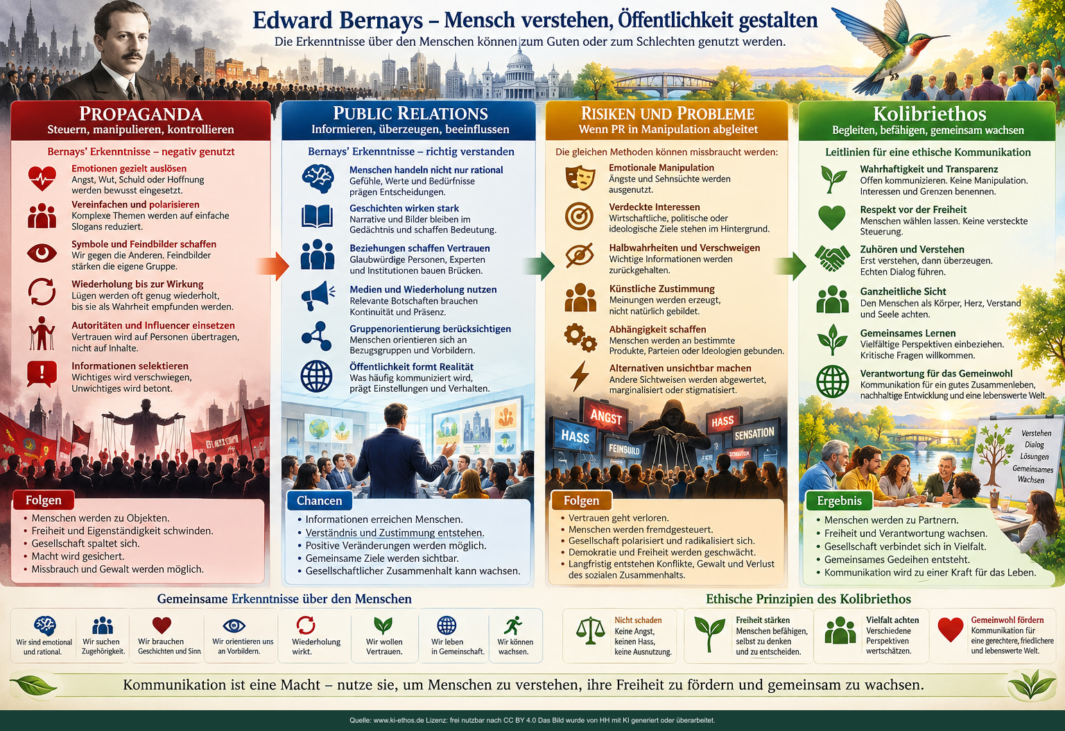 Breite Bildtafel mit Edward Bernays und vier Spalten zu Propaganda, Public Relations, Manipulationsrisiken und Leitlinien des Kolibriethos für ethische öffentliche Kommunikation Breite Bildtafel mit Edward Bernays und vier Spalten zu Propaganda, Public Relations, Manipulationsrisiken und Leitlinien des Kolibriethos für ethische öffentliche Kommunikation