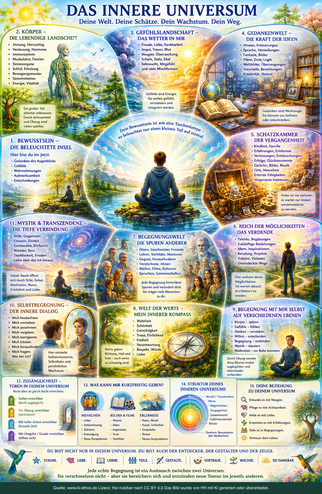 Textreiche Bildtafel über das innere Universum mit Bewusstsein, Körper, Gefühlen, Gedanken, Erinnerungen, Möglichkeiten, Begegnungsspuren, Werten und Selbstbegegnung Textreiche Bildtafel über das innere Universum mit Bewusstsein, Körper, Gefühlen, Gedanken, Erinnerungen, Möglichkeiten, Begegnungsspuren, Werten und Selbstbegegnung
