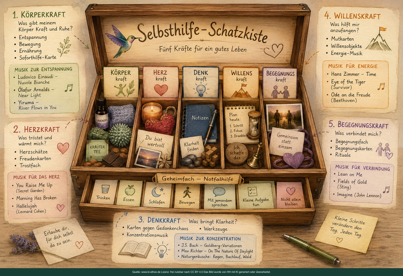 Infografik „Selbsthilfe Schatzkiste“ als verdichtete Darstellung zum Thema Psyche und Selbstorganisation Infografik „Selbsthilfe Schatzkiste“ als verdichtete Darstellung zum Thema Psyche und Selbstorganisation