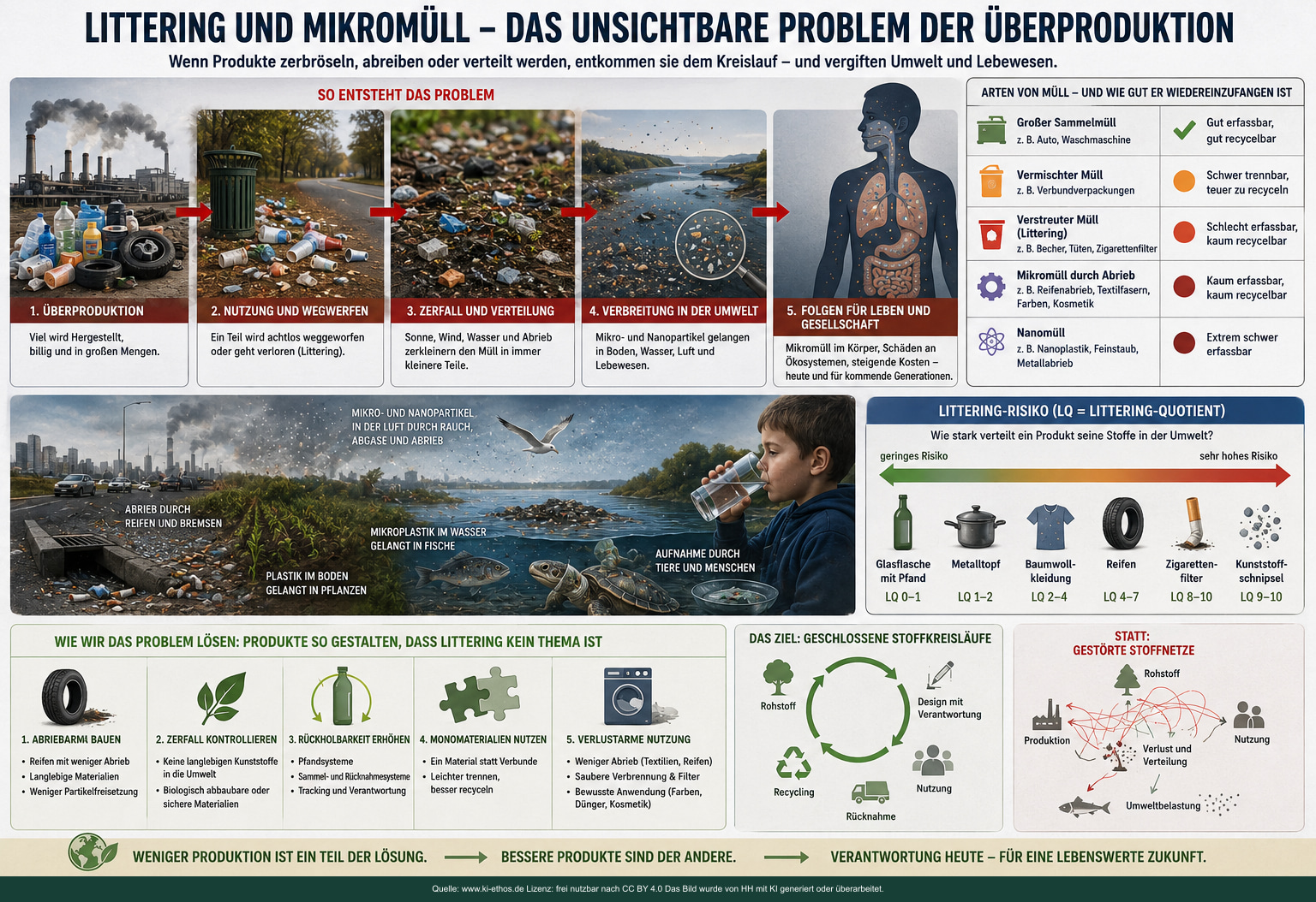 Infografik „Umwelt Littering Microwaste Nanowaste“ als verdichtete Darstellung zum Thema Überproduktion und Umweltfolgen Infografik „Umwelt Littering Microwaste Nanowaste“ als verdichtete Darstellung zum Thema Überproduktion und Umweltfolgen