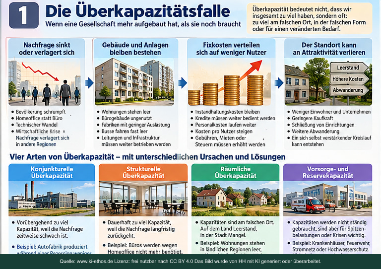 Infografik zur Überkapazitätsfalle mit vier Ursachenfolgen und vier Arten von Überkapazität Infografik zur Überkapazitätsfalle mit vier Ursachenfolgen und vier Arten von Überkapazität