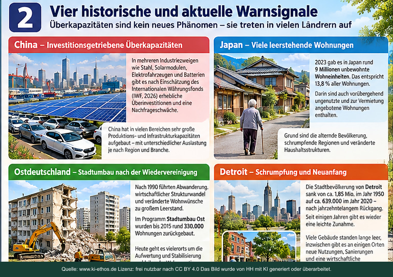 Infografik mit Beispielen für Überkapazität in China, Japan, Ostdeutschland und Detroit Infografik mit Beispielen für Überkapazität in China, Japan, Ostdeutschland und Detroit