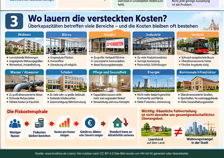 Infografik zu versteckten Kosten von Überkapazität in zehn Bereichen sowie zur Fixkostenspirale Infografik zu versteckten Kosten von Überkapazität in zehn Bereichen sowie zur Fixkostenspirale