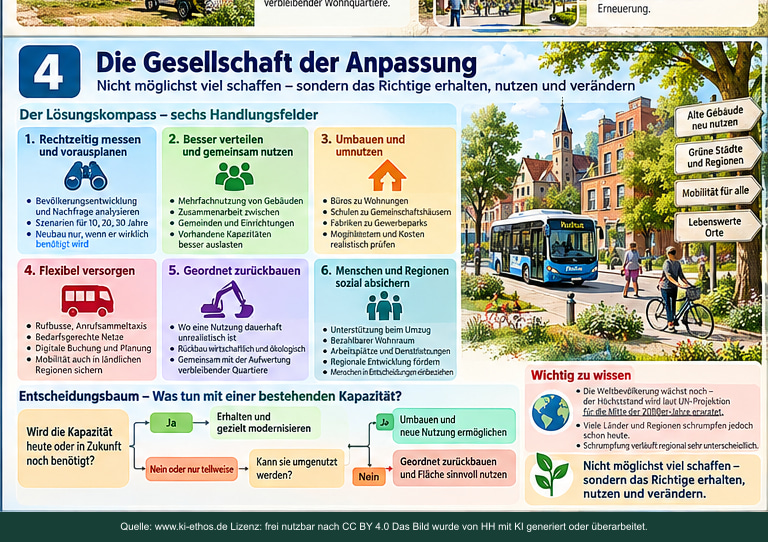 Infografik mit sechs Handlungsfeldern und Entscheidungsbaum für eine Gesellschaft der Anpassung Infografik mit sechs Handlungsfeldern und Entscheidungsbaum für eine Gesellschaft der Anpassung