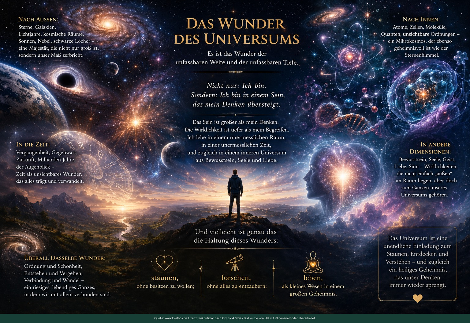 Kosmische Bildtafel über das Wunder des äußeren und inneren Universums mit einem staunenden Menschen vor Sternen und Galaxien Kosmische Bildtafel über das Wunder des äußeren und inneren Universums mit einem staunenden Menschen vor Sternen und Galaxien