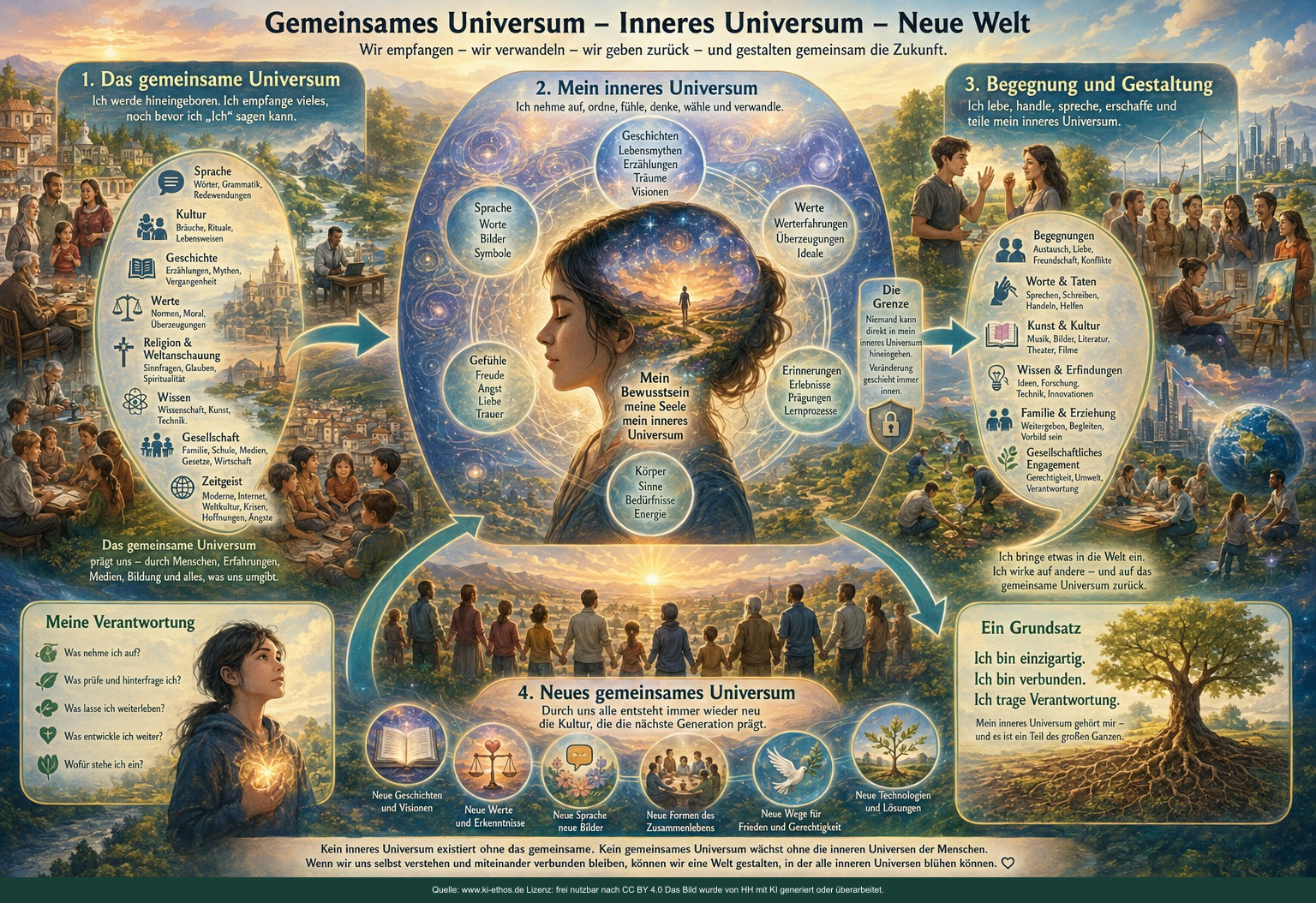 Bildtafel über ein persönliches inneres Universum, vielfältige Gruppen und die Entstehung gemeinsamer sowie neuer gesellschaftlicher Welten Bildtafel über ein persönliches inneres Universum, vielfältige Gruppen und die Entstehung gemeinsamer sowie neuer gesellschaftlicher Welten