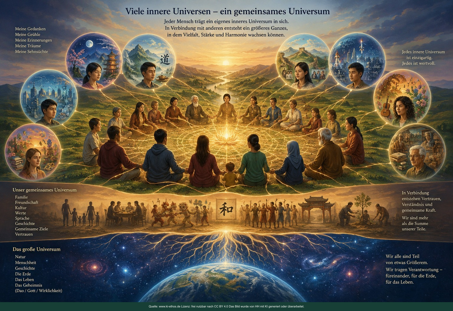 Internationale Gruppe von Menschen mit leuchtenden inneren Universen, die sich in einem gemeinsamen Raum begegnen Internationale Gruppe von Menschen mit leuchtenden inneren Universen, die sich in einem gemeinsamen Raum begegnen
