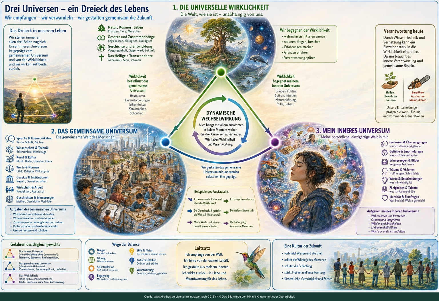 Dreiteilige Bildtafel über universelle Wirklichkeit, viele gemeinsame Universen und das einzigartige innere Universum jedes Menschen Dreiteilige Bildtafel über universelle Wirklichkeit, viele gemeinsame Universen und das einzigartige innere Universum jedes Menschen