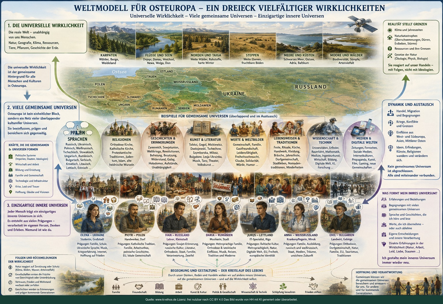 Detaillierte Bildtafel Weltmodell für Osteuropa mit Naturraum, Ländern, Sprachen, Religionen, Geschichten, Traditionen, Medien und sieben individuellen Lebensgeschichten Detaillierte Bildtafel Weltmodell für Osteuropa mit Naturraum, Ländern, Sprachen, Religionen, Geschichten, Traditionen, Medien und sieben individuellen Lebensgeschichten