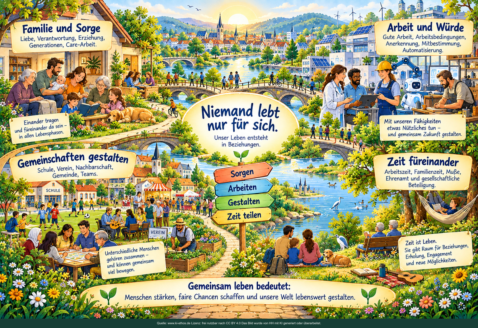 Vier verbundene Lebensräume zeigen Familie und Sorge, Arbeit und Würde, Gemeinschaft und gemeinsame Zeit. Wege und Brücken verbinden Menschen unterschiedlicher Altersgruppen und Tätigkeiten. Vier verbundene Lebensräume zeigen Familie und Sorge, Arbeit und Würde, Gemeinschaft und gemeinsame Zeit. Wege und Brücken verbinden Menschen unterschiedlicher Altersgruppen und Tätigkeiten.