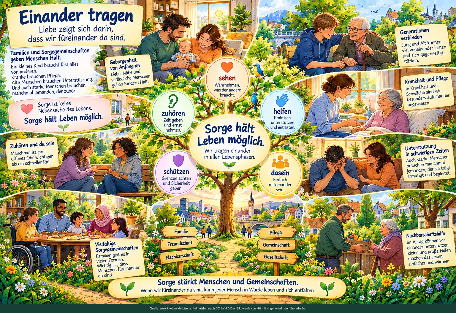 Ein Lebensbaum verbindet fünf Formen der Sorge: sehen, zuhören, helfen, schützen und dasein. Alltagsszenen zeigen Eltern mit einem Kind, Unterstützung zwischen Generationen, Pflege, Freundschaft und Nachbarschaftshilfe.