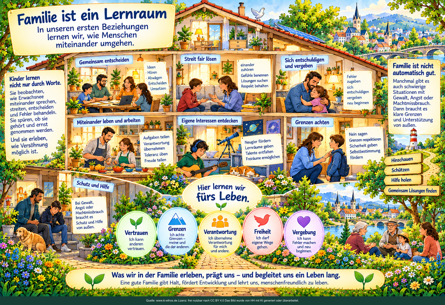 Ein offenes Haus zeigt gemeinsame Entscheidungen, faire Konfliktlösung, Entschuldigung, geteilte Aufgaben, eigene Interessen und geachtete Grenzen. Daneben stehen Schutz und Hilfe bei Gewalt oder Machtmissbrauch. Ein offenes Haus zeigt gemeinsame Entscheidungen, faire Konfliktlösung, Entschuldigung, geteilte Aufgaben, eigene Interessen und geachtete Grenzen. Daneben stehen Schutz und Hilfe bei Gewalt oder Machtmissbrauch.
