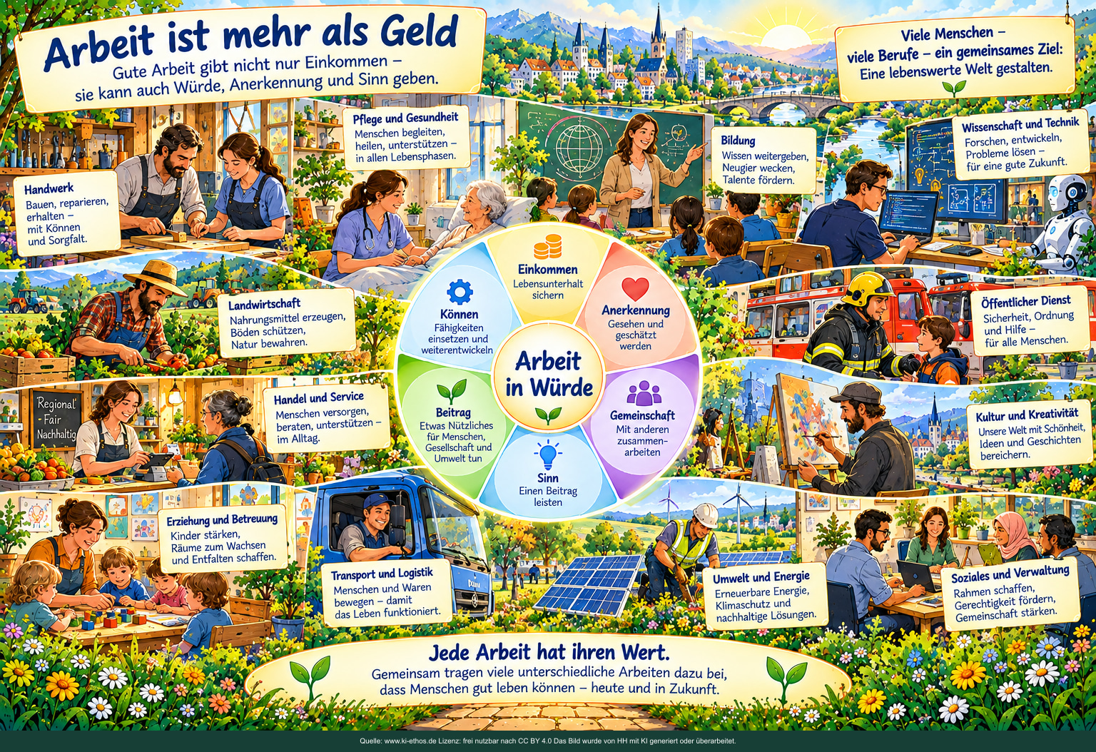 Ein Kreis verbindet Einkommen, Können, Anerkennung, Gemeinschaft, Beitrag und Sinn. Rundherum stehen Beispiele aus Handwerk, Pflege, Bildung, Landwirtschaft, Technik, Handel, Betreuung, Transport, Kultur und öffentlichem Dienst.