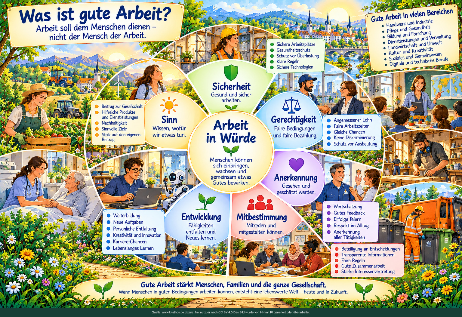 Sechs Felder um Arbeit in Würde benennen Sicherheit, Gerechtigkeit, Anerkennung, Mitbestimmung, Entwicklung und Sinn. Berufsszenen erläutern Schutz, faire Bedingungen, Lernen und Beteiligung. Sechs Felder um Arbeit in Würde benennen Sicherheit, Gerechtigkeit, Anerkennung, Mitbestimmung, Entwicklung und Sinn. Berufsszenen erläutern Schutz, faire Bedingungen, Lernen und Beteiligung.