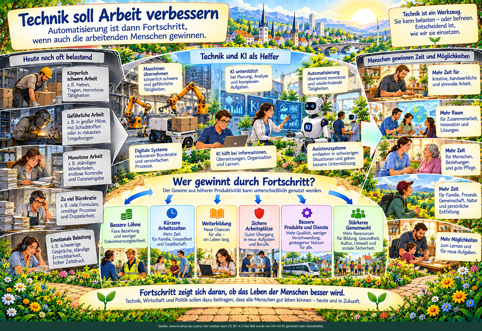 Drei Bereiche verbinden belastende Arbeit, technische Hilfe und gewonnene Möglichkeiten. Pfeile führen von Produktivitätsgewinnen zu besseren Löhnen, kürzerer Arbeitszeit, Weiterbildung, Sicherheit, besseren Produkten und Gemeinwohl. Drei Bereiche verbinden belastende Arbeit, technische Hilfe und gewonnene Möglichkeiten. Pfeile führen von Produktivitätsgewinnen zu besseren Löhnen, kürzerer Arbeitszeit, Weiterbildung, Sicherheit, besseren Produkten und Gemeinwohl.