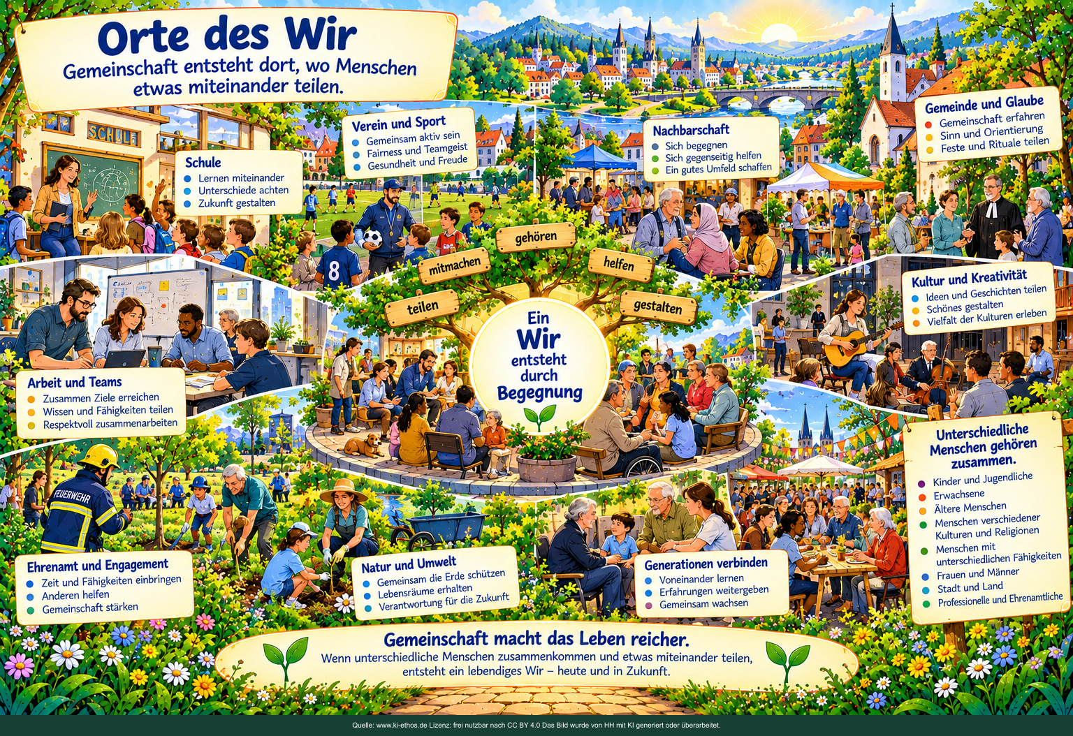 Ein gemeinsamer Platz verbindet Schule, Verein, Sport, Nachbarschaft, Gemeinde, Kultur, Arbeit, Ehrenamt, Natur und Generationen. Unterschiedliche Menschen begegnen sich und gestalten ihr Umfeld. Ein gemeinsamer Platz verbindet Schule, Verein, Sport, Nachbarschaft, Gemeinde, Kultur, Arbeit, Ehrenamt, Natur und Generationen. Unterschiedliche Menschen begegnen sich und gestalten ihr Umfeld.