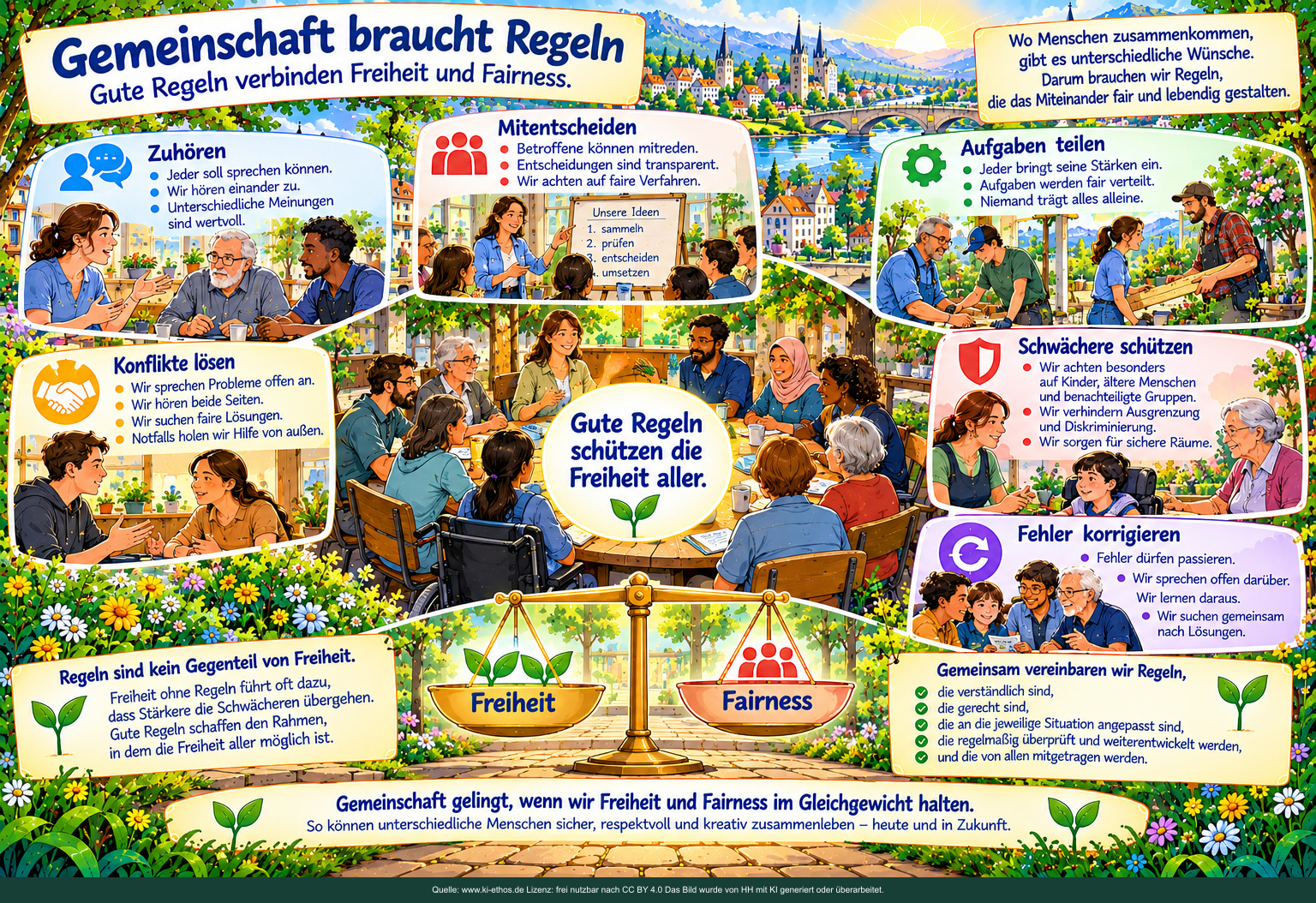 Ein runder Tisch verbindet Zuhören, Mitentscheiden, Aufgaben teilen, Konflikte lösen, Schutz und Fehlerkorrektur. Eine Waage setzt Freiheit und Fairness in Beziehung. Ein runder Tisch verbindet Zuhören, Mitentscheiden, Aufgaben teilen, Konflikte lösen, Schutz und Fehlerkorrektur. Eine Waage setzt Freiheit und Fairness in Beziehung.