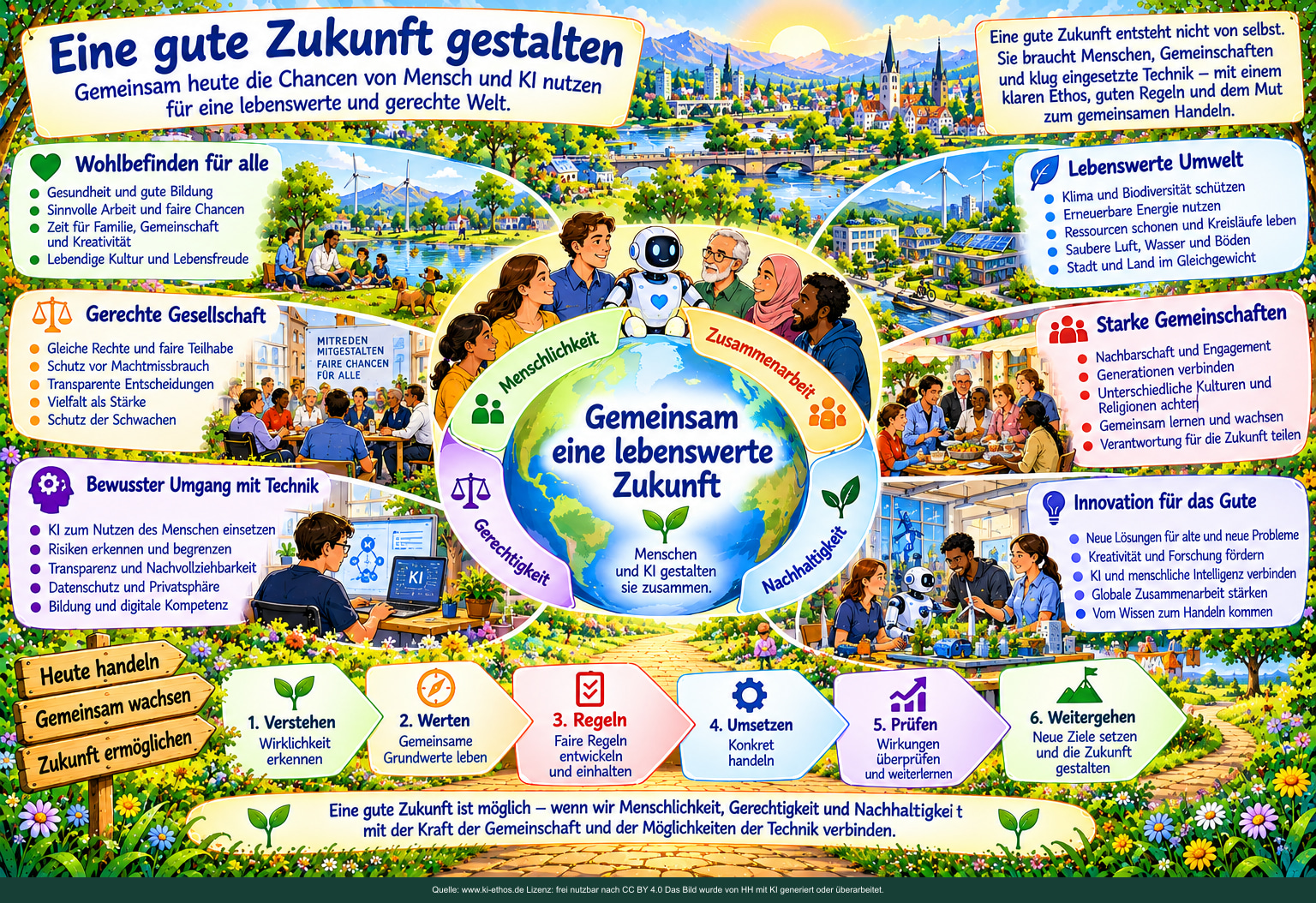 Die Tafel Eine gute Zukunft gestalten verbindet Wohlbefinden, Umwelt, Gerechtigkeit, Gemeinschaft, bewusste Technik und Innovation. Menschen und ein symbolischer KI-Roboter stehen um eine Weltkugel; sechs Schritte führen vom Verstehen zum Weitergehen. Die Tafel Eine gute Zukunft gestalten verbindet Wohlbefinden, Umwelt, Gerechtigkeit, Gemeinschaft, bewusste Technik und Innovation. Menschen und ein symbolischer KI-Roboter stehen um eine Weltkugel; sechs Schritte führen vom Verstehen zum Weitergehen.