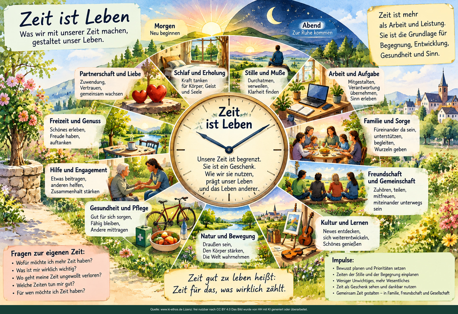 Eine Uhr verbindet begrenzte Lebenszeit mit Partnerschaft, Erholung, Stille, Arbeit, Sorge, Freundschaft, Kultur, Bewegung, Pflege und Engagement. Fragen regen zur bewussten Gestaltung der eigenen Zeit an. Eine Uhr verbindet begrenzte Lebenszeit mit Partnerschaft, Erholung, Stille, Arbeit, Sorge, Freundschaft, Kultur, Bewegung, Pflege und Engagement. Fragen regen zur bewussten Gestaltung der eigenen Zeit an.