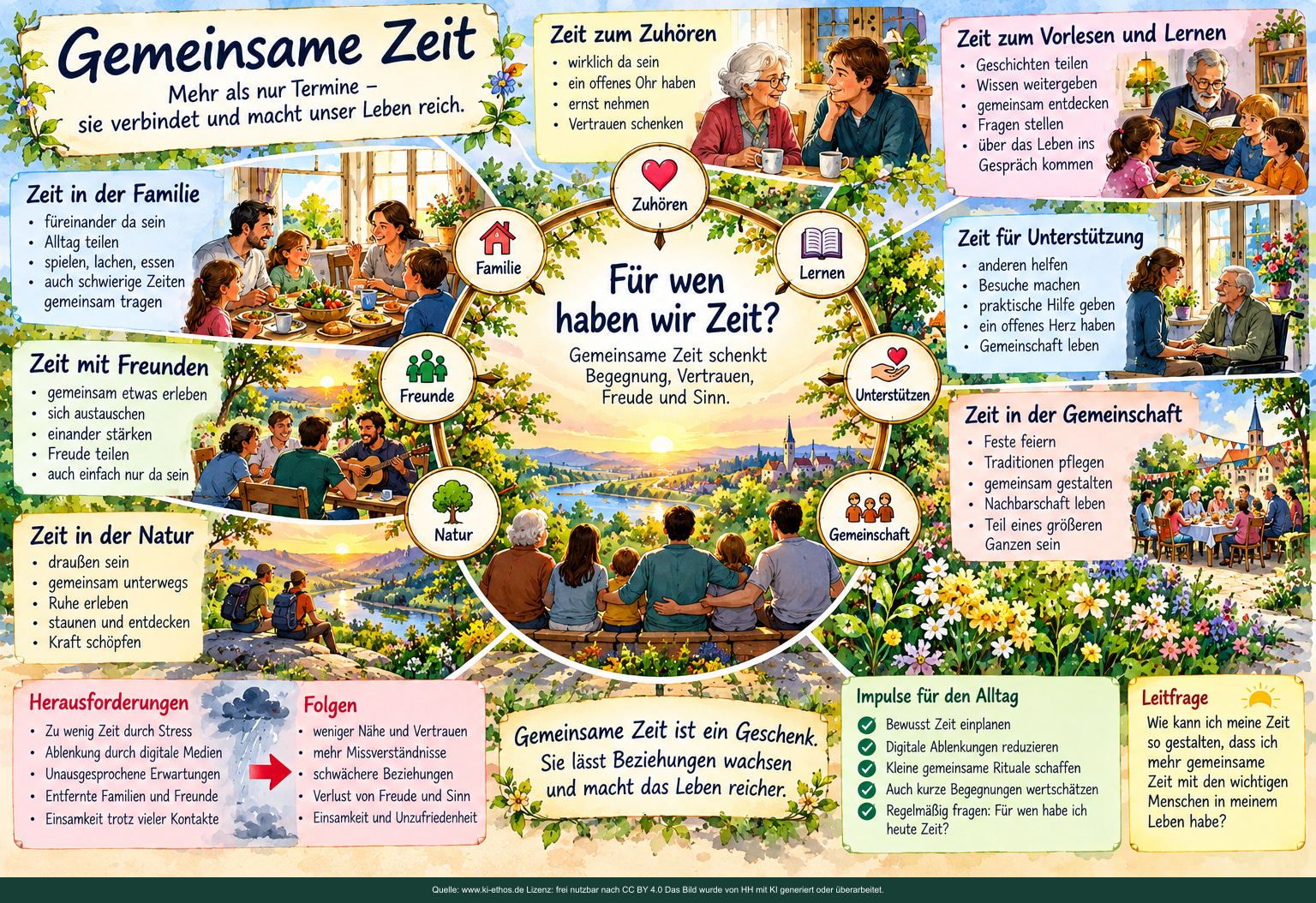 Ein Kreis fragt: Für wen haben wir Zeit? Zuhören, Lernen, Unterstützung, Gemeinschaft, Natur, Freundschaft und Familie werden durch gemeinsame Alltagsszenen verbunden. Ein Kreis fragt: Für wen haben wir Zeit? Zuhören, Lernen, Unterstützung, Gemeinschaft, Natur, Freundschaft und Familie werden durch gemeinsame Alltagsszenen verbunden.