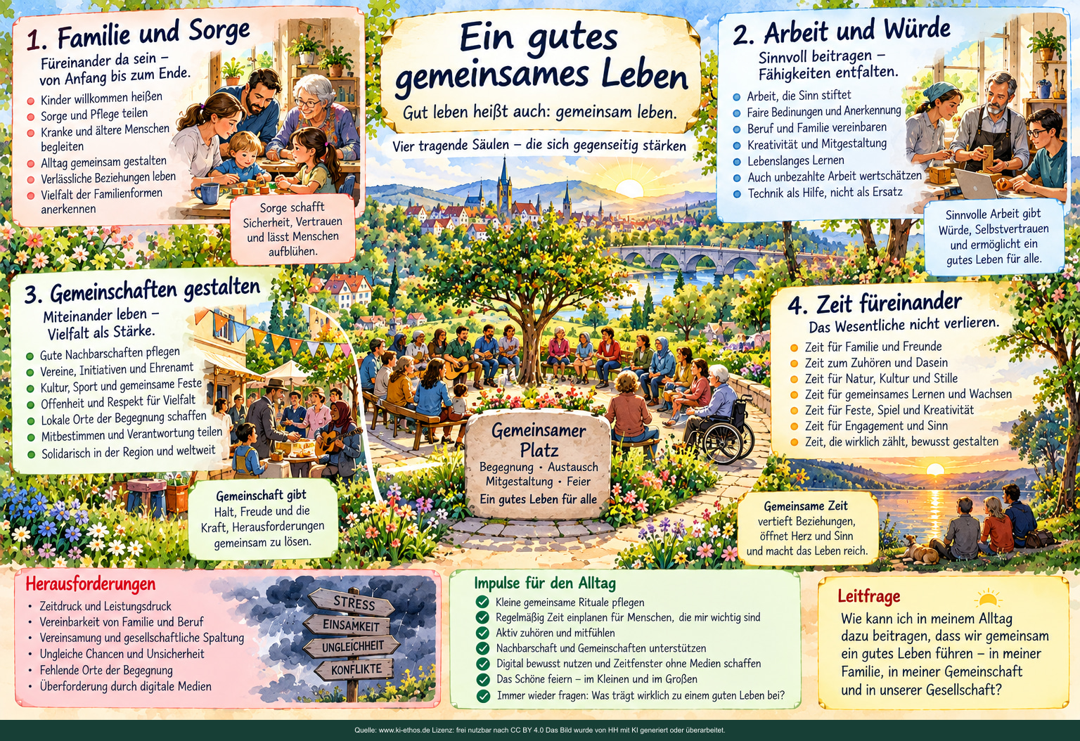 Vier Lebensbereiche führen zu einem gemeinsamen Platz: Familie und Sorge, Arbeit und Würde, Gemeinschaften gestalten und Zeit füreinander. Herausforderungen und Alltagsimpulse ergänzen das Bild eines guten gemeinsamen Lebens. Vier Lebensbereiche führen zu einem gemeinsamen Platz: Familie und Sorge, Arbeit und Würde, Gemeinschaften gestalten und Zeit füreinander. Herausforderungen und Alltagsimpulse ergänzen das Bild eines guten gemeinsamen Lebens.