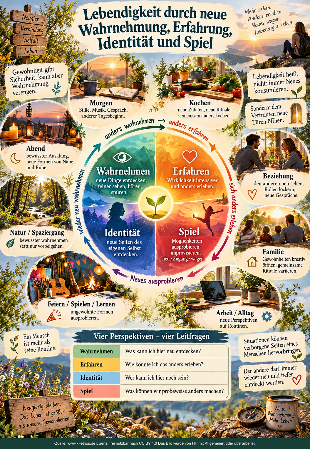 Vier farbige Felder zeigen Wahrnehmen, Erfahren, Identität und Spiel als Kreislauf. Ein Keimling steht in der Mitte; Alltagsszenen zu Morgen, Abend, Kochen, Natur, Beziehung, Familie, Lernen und Arbeit umgeben ihn. Vier farbige Felder zeigen Wahrnehmen, Erfahren, Identität und Spiel als Kreislauf. Ein Keimling steht in der Mitte; Alltagsszenen zu Morgen, Abend, Kochen, Natur, Beziehung, Familie, Lernen und Arbeit umgeben ihn.