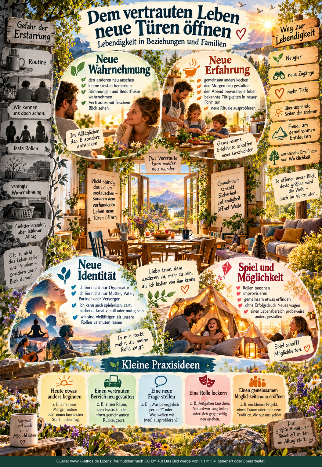 Eine helle Wohnküche mit offenen Türen und Fenstern steht zwischen vertrauten Routinen und neuen Möglichkeiten. Paar- und Familienszenen beim Gespräch, gemeinsamen Kochen und Spiel illustrieren Wahrnehmung, Erfahrung, Identität und freie Erprobung. Eine helle Wohnküche mit offenen Türen und Fenstern steht zwischen vertrauten Routinen und neuen Möglichkeiten. Paar- und Familienszenen beim Gespräch, gemeinsamen Kochen und Spiel illustrieren Wahrnehmung, Erfahrung, Identität und freie Erprobung.