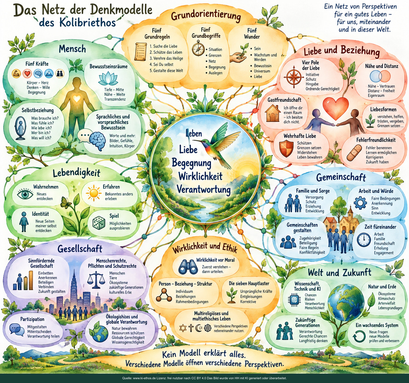 Das Bild ordnet die Grundorientierung, Menschenbilder, Beziehungsmodelle, Lebendigkeit, Gemeinschaft, Gesellschaft sowie Welt und Zukunft um die Mitte Leben – Liebe – Begegnung – Wirklichkeit – Verantwortung. Es zeigt bewusst kein hierarchisches System, sondern ein Netz gegenseitig verbundener Perspektiven. Das Bild ordnet die Grundorientierung, Menschenbilder, Beziehungsmodelle, Lebendigkeit, Gemeinschaft, Gesellschaft sowie Welt und Zukunft um die Mitte Leben – Liebe – Begegnung – Wirklichkeit – Verantwortung. Es zeigt bewusst kein hierarchisches System, sondern ein Netz gegenseitig verbundener Perspektiven.