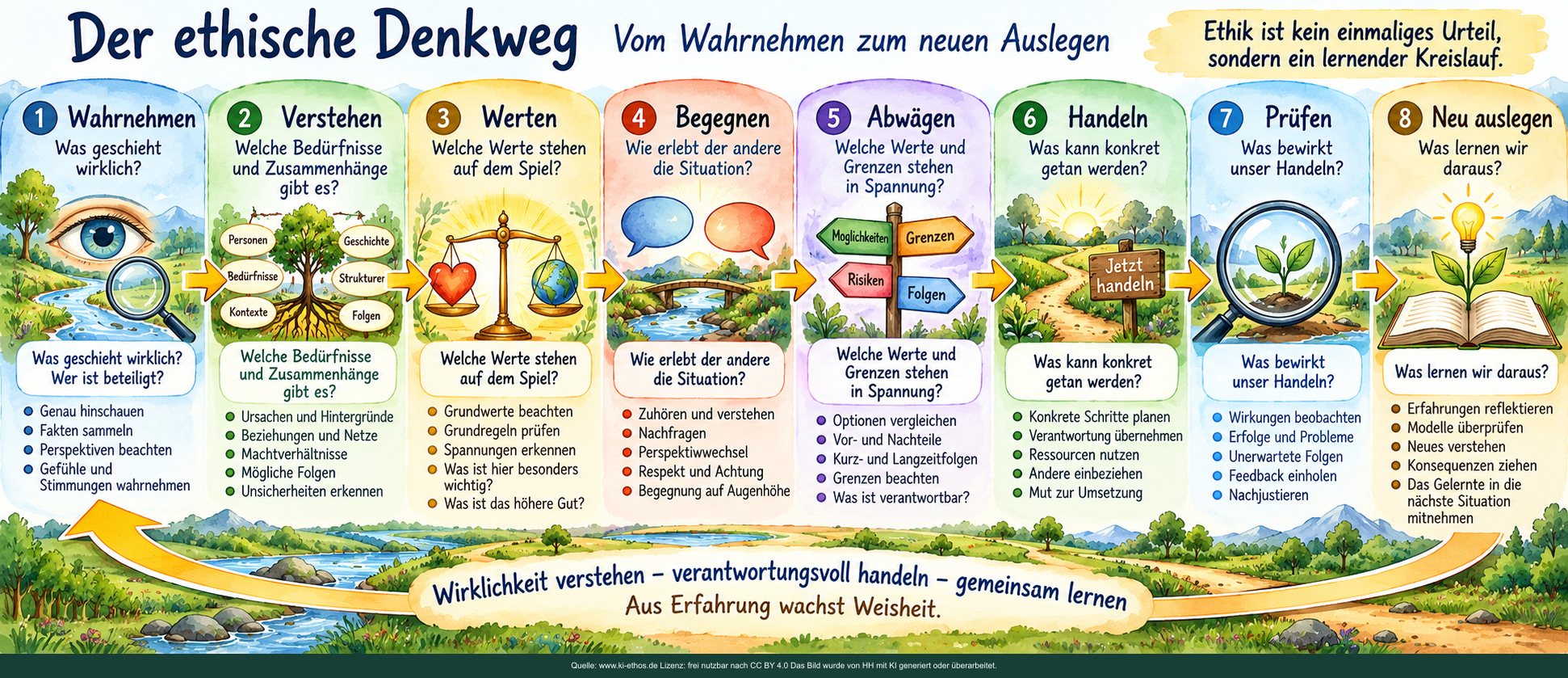 Das Bild zeigt Ethik als lernenden Kreislauf: Wahrnehmen, Verstehen, Werten, Begegnen, Abwägen, Handeln, Prüfen und neu Auslegen. Es macht deutlich, dass ethische Entscheidungen nicht mit dem Handeln enden, sondern an ihren Wirkungen weiterlernen. Das Bild zeigt Ethik als lernenden Kreislauf: Wahrnehmen, Verstehen, Werten, Begegnen, Abwägen, Handeln, Prüfen und neu Auslegen. Es macht deutlich, dass ethische Entscheidungen nicht mit dem Handeln enden, sondern an ihren Wirkungen weiterlernen.
