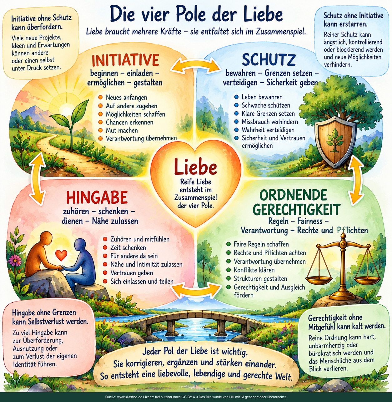 Das Bild zeigt vier Kräfte reifer Liebe. Jeder Pol besitzt eigene Stärken und kann bei Überbetonung problematisch werden. Die vier Pole korrigieren und ergänzen einander. Das Bild zeigt vier Kräfte reifer Liebe. Jeder Pol besitzt eigene Stärken und kann bei Überbetonung problematisch werden. Die vier Pole korrigieren und ergänzen einander.