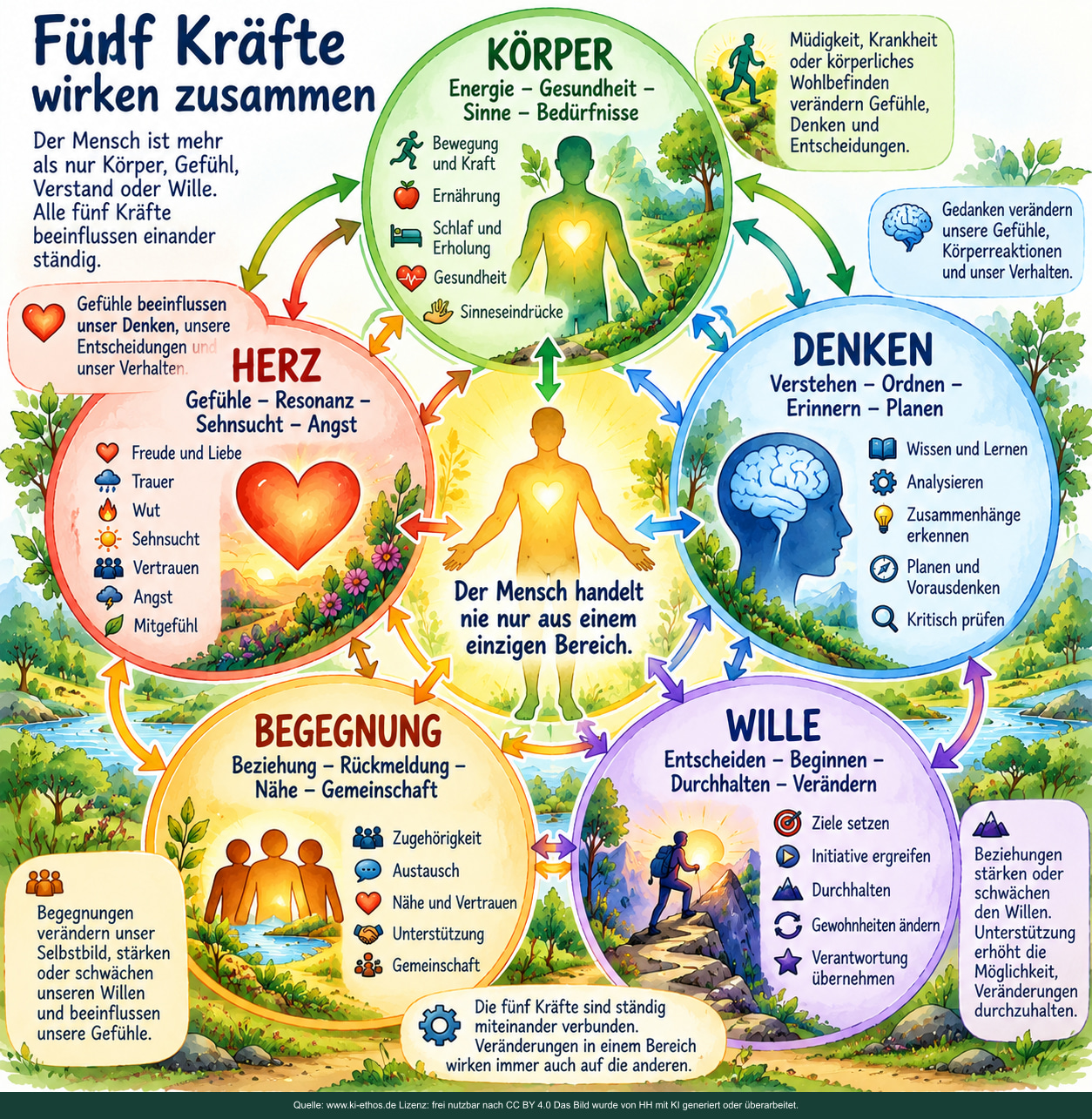 Das Personenmodell zeigt den Menschen als dynamisches Zusammenspiel körperlicher, emotionaler, kognitiver, volitionaler und relationaler Kräfte. Veränderungen in einem Bereich wirken auf die anderen zurück. Das Personenmodell zeigt den Menschen als dynamisches Zusammenspiel körperlicher, emotionaler, kognitiver, volitionaler und relationaler Kräfte. Veränderungen in einem Bereich wirken auf die anderen zurück.