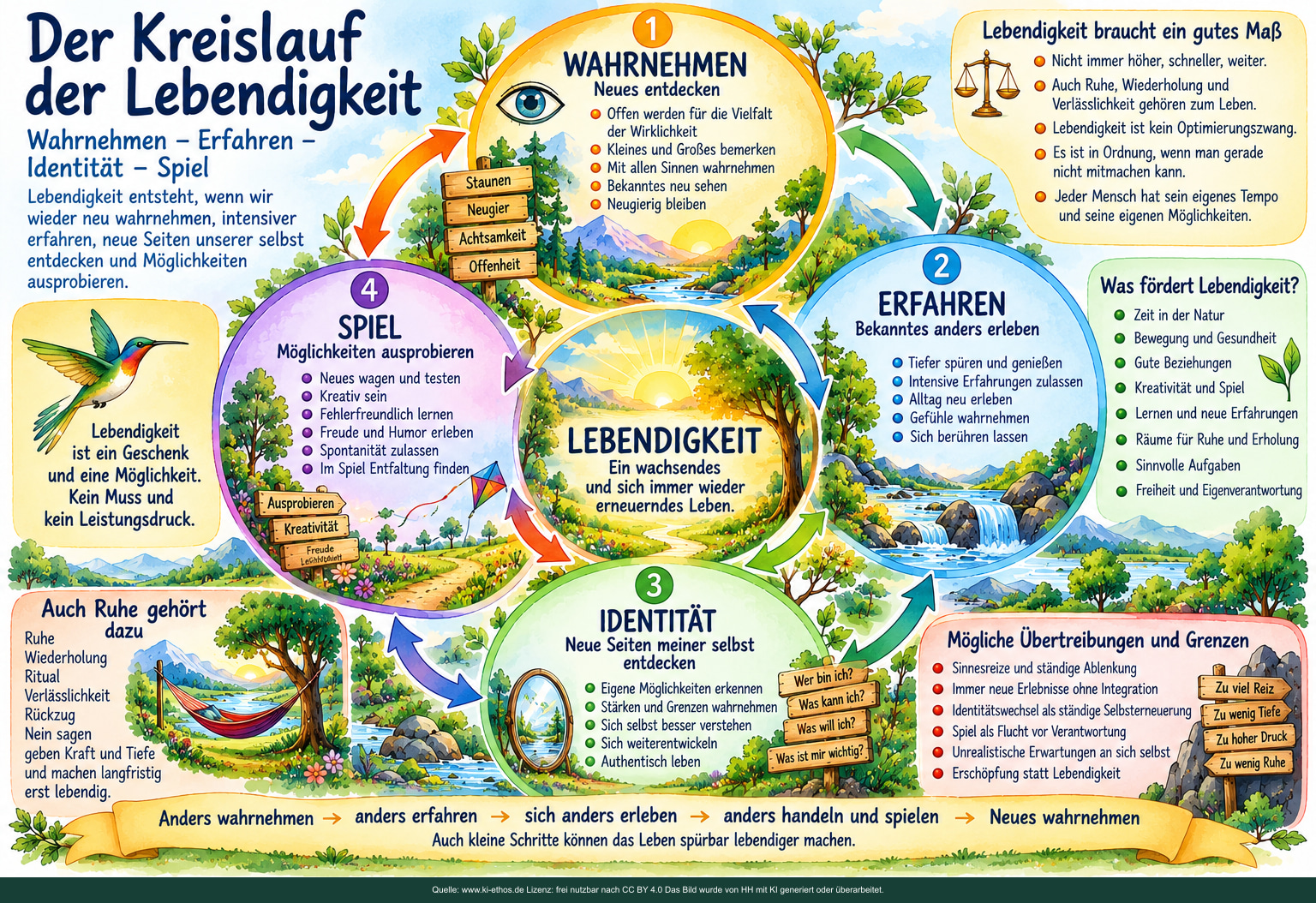 Lebendigkeit wird als Kreislauf aus Wahrnehmen, Erfahren, Identität und Spiel dargestellt. Gleichzeitig enthält das Bild ein wichtiges Korrektiv gegen Optimierungszwang: Ruhe, Verlässlichkeit und Rückzug gehören ebenfalls zum lebendigen Leben. Lebendigkeit wird als Kreislauf aus Wahrnehmen, Erfahren, Identität und Spiel dargestellt. Gleichzeitig enthält das Bild ein wichtiges Korrektiv gegen Optimierungszwang: Ruhe, Verlässlichkeit und Rückzug gehören ebenfalls zum lebendigen Leben.