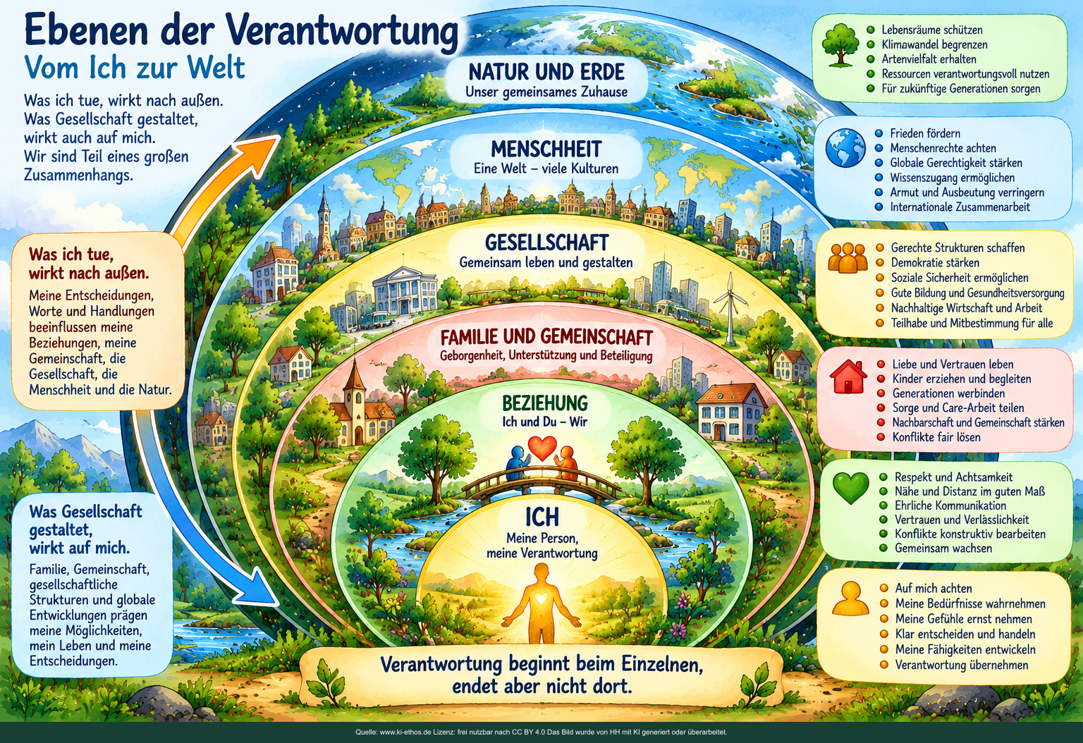 Die konzentrischen Ebenen zeigen, dass Verantwortung beim Einzelnen beginnt, aber nicht dort endet. Zugleich wirken gesellschaftliche und globale Strukturen auf die Möglichkeiten des Einzelnen zurück. Die konzentrischen Ebenen zeigen, dass Verantwortung beim Einzelnen beginnt, aber nicht dort endet. Zugleich wirken gesellschaftliche und globale Strukturen auf die Möglichkeiten des Einzelnen zurück.