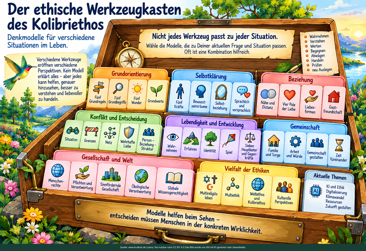 Das Bild versammelt die Modelle als Werkzeugkarten für Grundorientierung, Selbstklärung, Beziehung, Konflikt, Lebendigkeit, Gemeinschaft, Gesellschaft, Ethikvielfalt und aktuelle Themen. Es macht den pragmatischen Charakter des Kolibriethos sichtbar. Das Bild versammelt die Modelle als Werkzeugkarten für Grundorientierung, Selbstklärung, Beziehung, Konflikt, Lebendigkeit, Gemeinschaft, Gesellschaft, Ethikvielfalt und aktuelle Themen. Es macht den pragmatischen Charakter des Kolibriethos sichtbar.