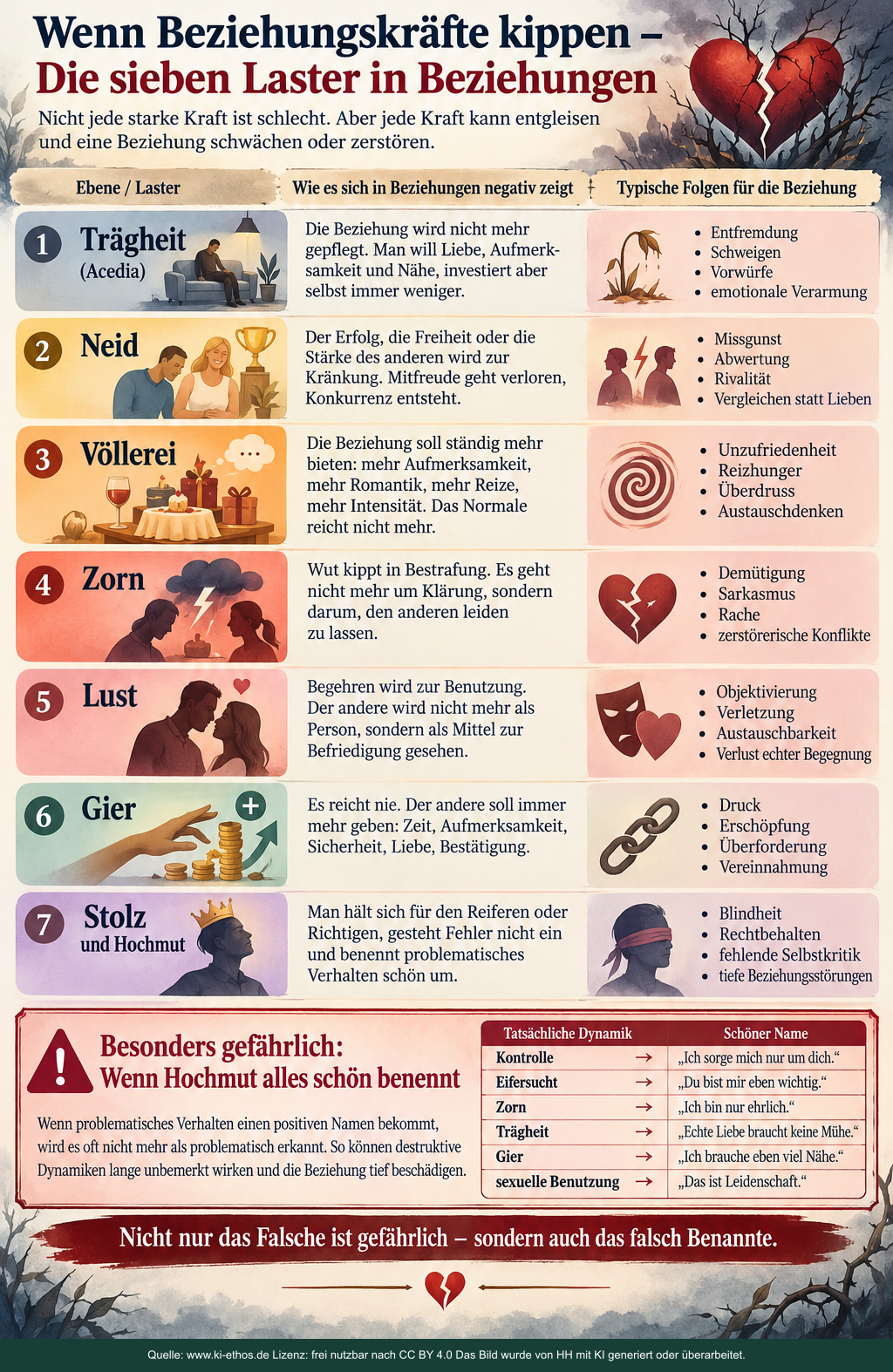 Schaubild: Wenn Beziehungskräfte kippen – Die sieben Laster in Beziehungen. Sieben ursprünglich sinnvolle Kräfte können in Beziehungen kippen und dann Nähe, Vertrauen und Freiheit schwächen. Schaubild: Wenn Beziehungskräfte kippen – Die sieben Laster in Beziehungen. Sieben ursprünglich sinnvolle Kräfte können in Beziehungen kippen und dann Nähe, Vertrauen und Freiheit schwächen.