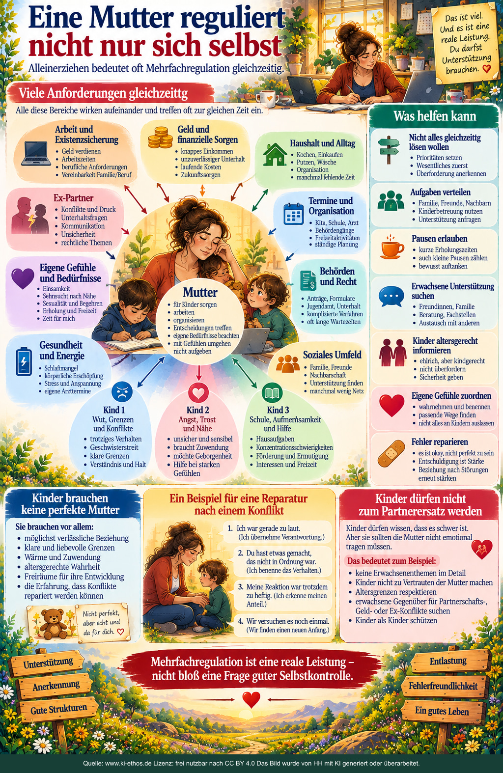 Schaubild: Eine Mutter reguliert nicht nur sich selbst. Alleinerziehen bedeutet häufig Mehrfachregulation: eigene Gefühle, mehrere Kinder, Arbeit, Geld, Termine, Ex-Konflikte und Alltag wirken gleichzeitig. Schaubild: Eine Mutter reguliert nicht nur sich selbst. Alleinerziehen bedeutet häufig Mehrfachregulation: eigene Gefühle, mehrere Kinder, Arbeit, Geld, Termine, Ex-Konflikte und Alltag wirken gleichzeitig.