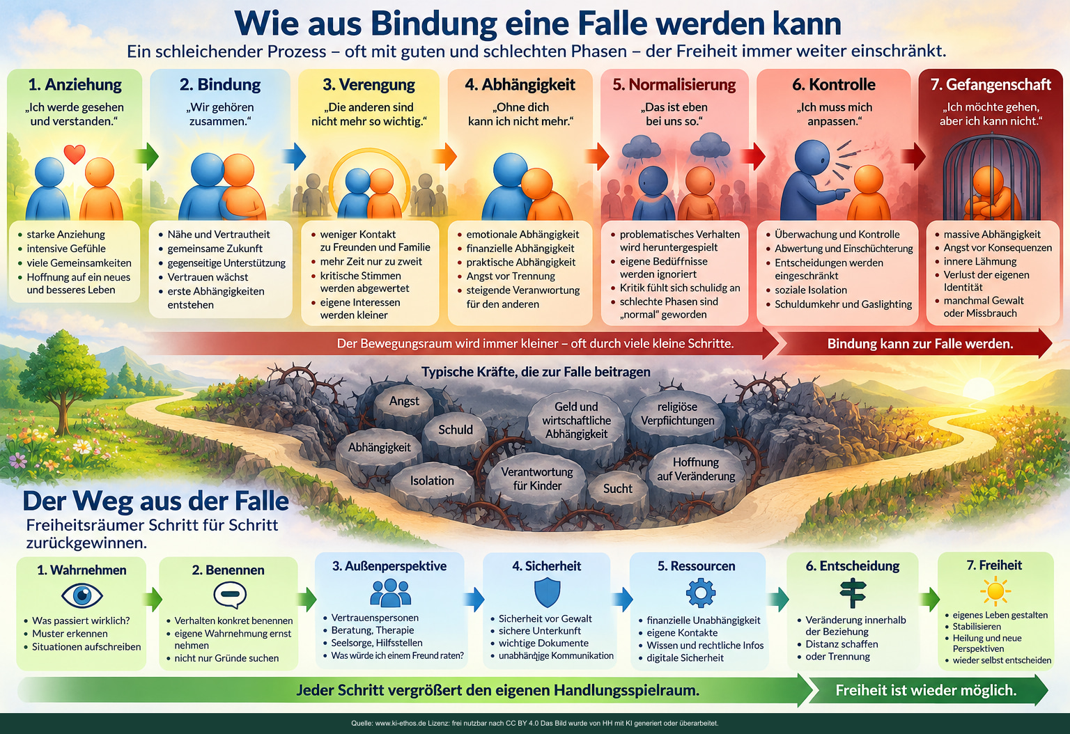 Eine Folge zeigt Bindung, Verengung und Kontrolle; darunter stehen Schritte zu Unterstützung und mehr Freiheit. Eine Folge zeigt Bindung, Verengung und Kontrolle; darunter stehen Schritte zu Unterstützung und mehr Freiheit.