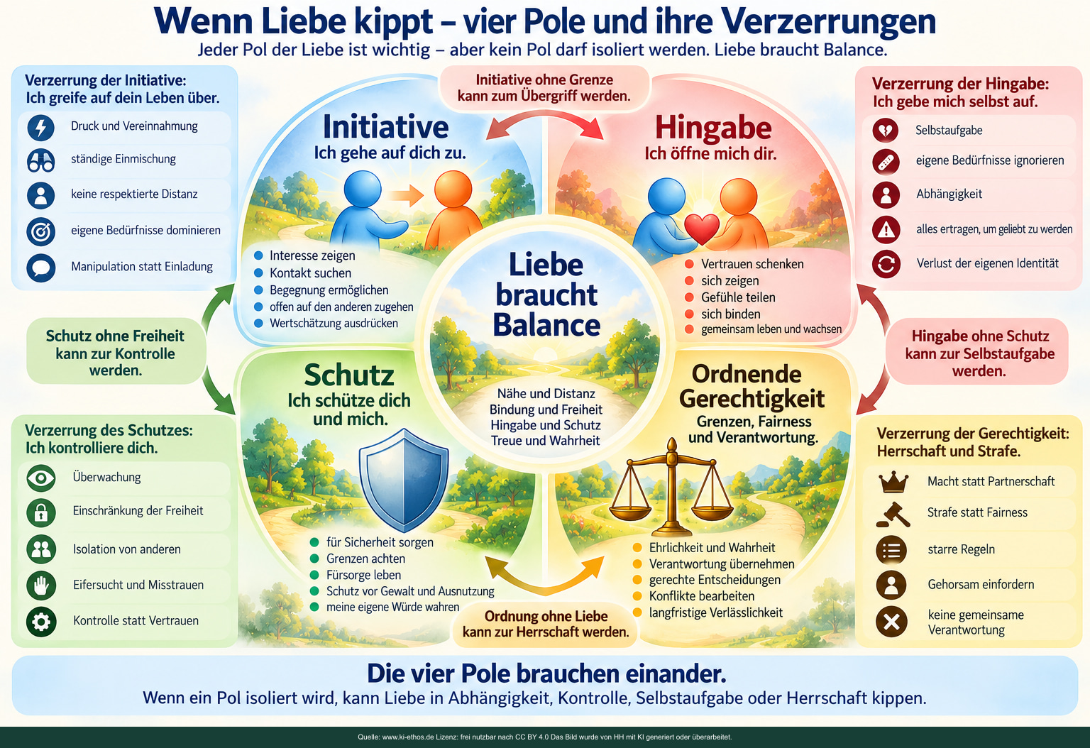 Vier Pole der Liebe stehen ihren Verzerrungen gegenüber: Initiative, Hingabe, Schutz und ordnende Gerechtigkeit. Vier Pole der Liebe stehen ihren Verzerrungen gegenüber: Initiative, Hingabe, Schutz und ordnende Gerechtigkeit.