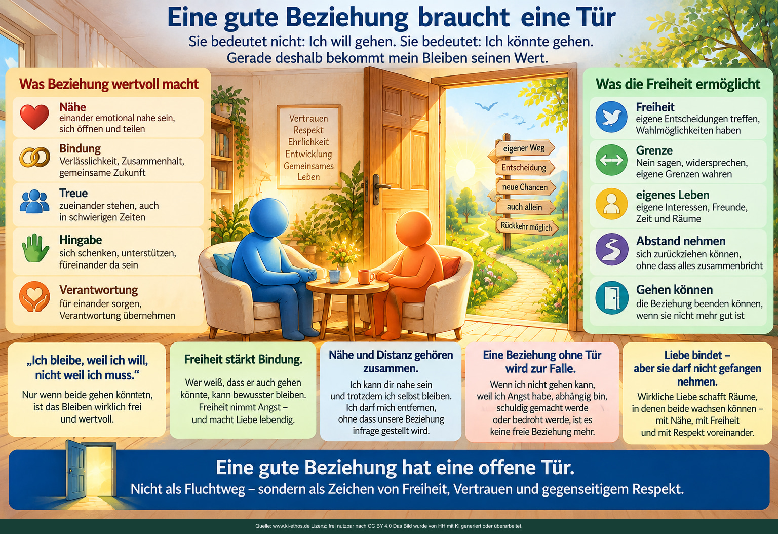 Zwei abstrakte Figuren begegnen sich neben einer offenen Tür; Nähe, Eigenraum und freie Entscheidung werden verbunden. Zwei abstrakte Figuren begegnen sich neben einer offenen Tür; Nähe, Eigenraum und freie Entscheidung werden verbunden.