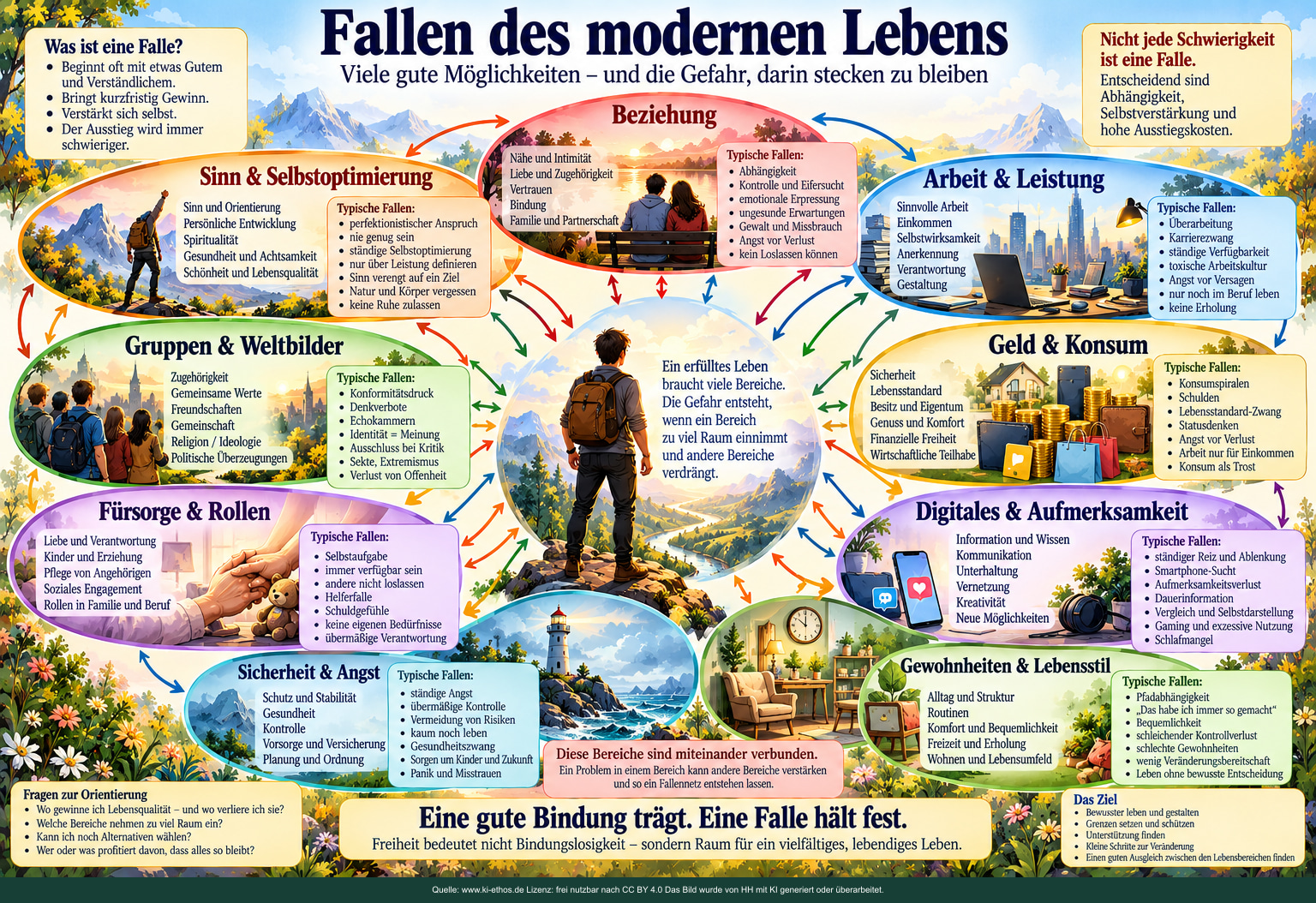 Ein Atlas verbindet neun Lebensbereiche mit guten Möglichkeiten und möglichen Verstrickungen; in der Mitte steht eine Figur in einer Landschaft. Ein Atlas verbindet neun Lebensbereiche mit guten Möglichkeiten und möglichen Verstrickungen; in der Mitte steht eine Figur in einer Landschaft.