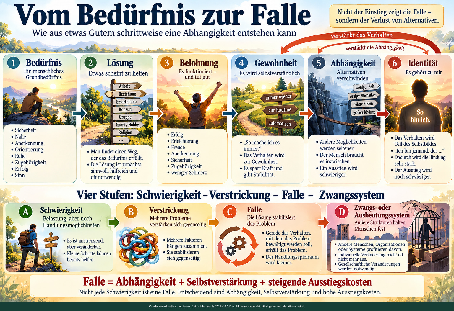 Sechs Stationen von Bedürfnis bis Identität und Rückkopplungspfeile; darunter vier Bereiche von Schwierigkeit bis Zwang. Sechs Stationen von Bedürfnis bis Identität und Rückkopplungspfeile; darunter vier Bereiche von Schwierigkeit bis Zwang.