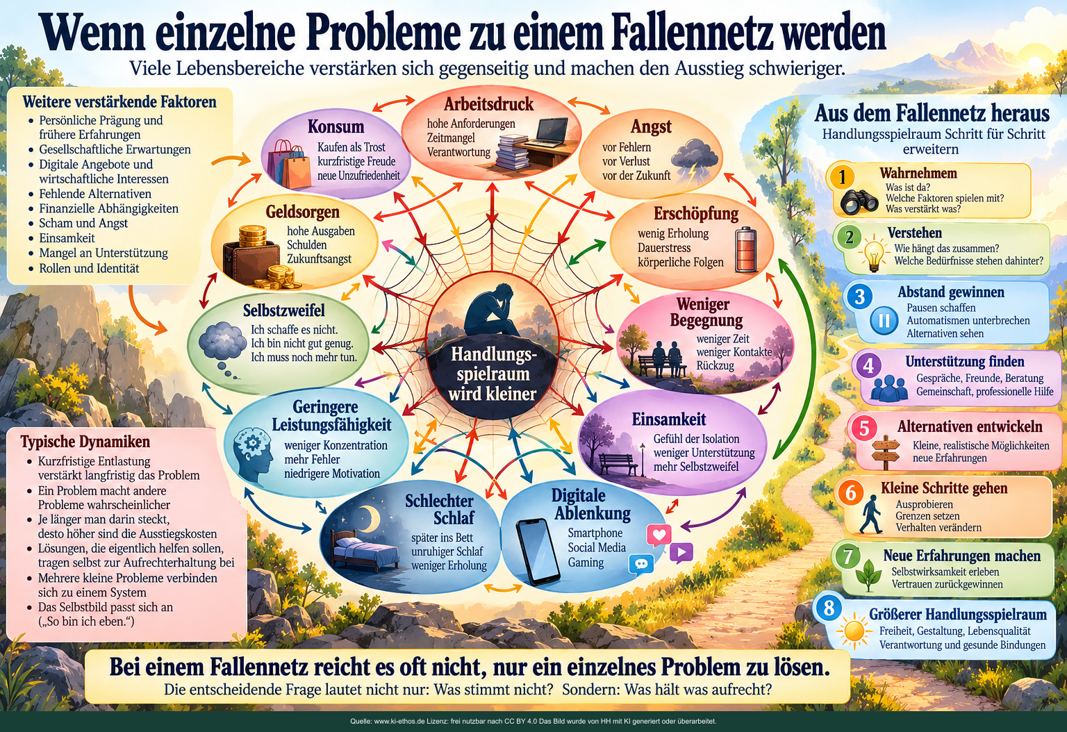 Ein Netz verbindet Arbeitsdruck, Erschöpfung, Einsamkeit, Ablenkung und weitere Belastungen; daneben stehen mögliche Wege zu mehr Spielraum. Ein Netz verbindet Arbeitsdruck, Erschöpfung, Einsamkeit, Ablenkung und weitere Belastungen; daneben stehen mögliche Wege zu mehr Spielraum.