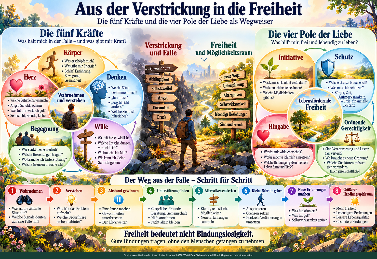 Fünf Kräfte und vier Pole der Liebe rahmen einen Weg von Verstrickung zu größerem Handlungsspielraum. Fünf Kräfte und vier Pole der Liebe rahmen einen Weg von Verstrickung zu größerem Handlungsspielraum.